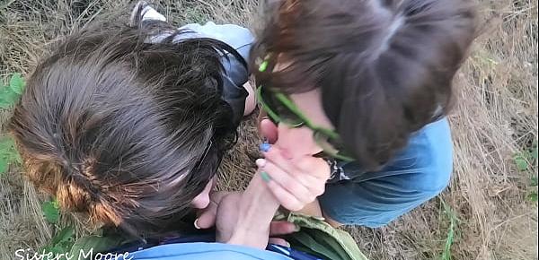  Outdoor Blowjob, Cum in mouth, Сum kissing girls - Threesome ffm Amateur Step Sisters Moore